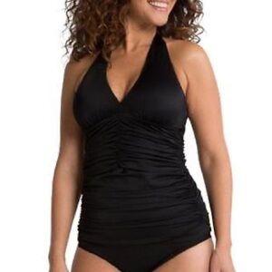 NWT SPANX Black Ruched Front Halter Tie Tankini Top